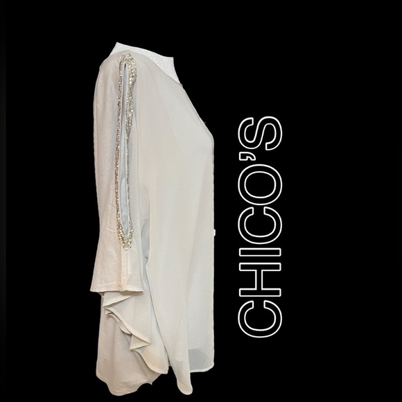 CHICO’S BLOUSE SIZE 2(L) COLOR LIGHT GREY. BUST ~22.5” LENGTH 24”. - Picture 3 of 12
